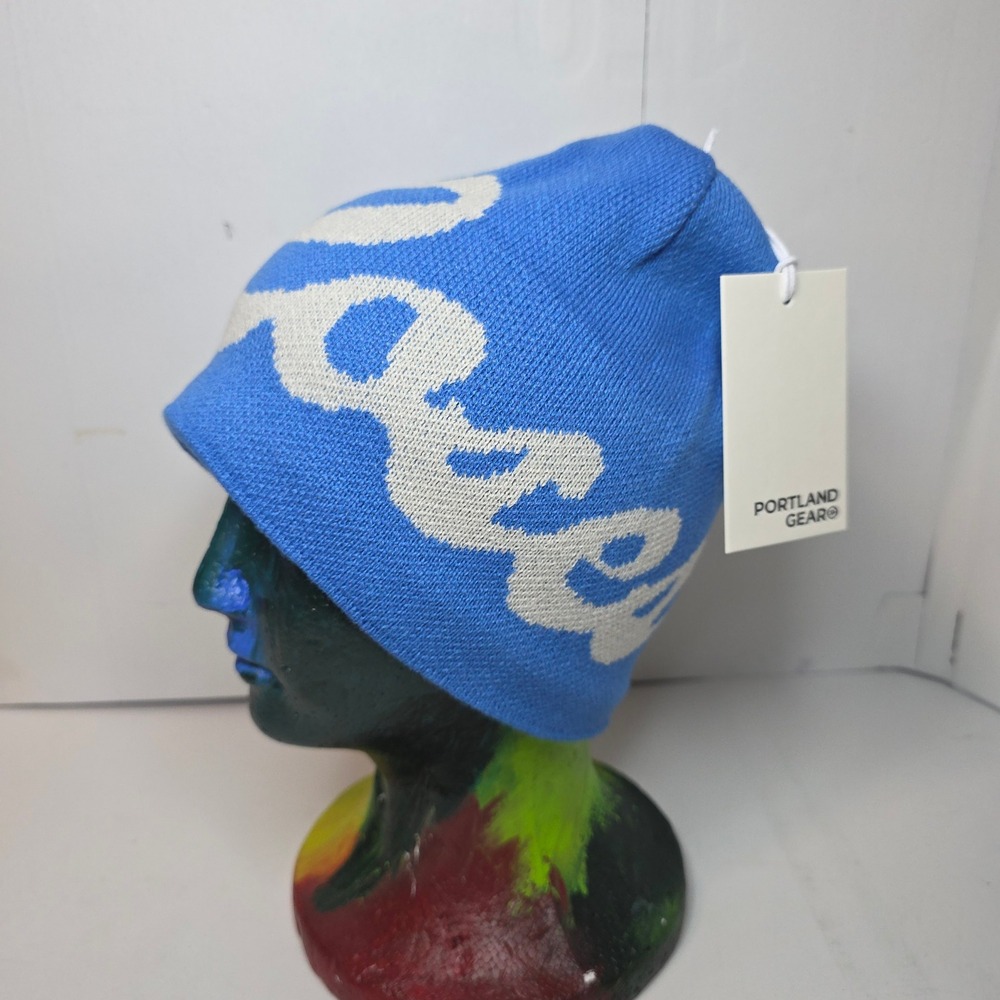 NWT Portland Gear Roses Skully Beanie‎ Cascade Blue White Logo Fleece Lined NEW